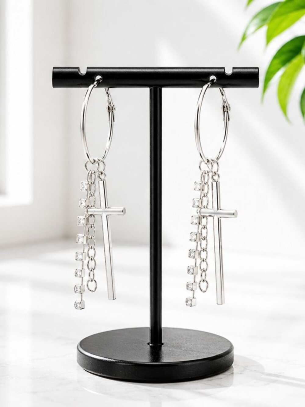 Silver-Tone Cross Dangle Hoop Earrings With Faux Rhinestone Chains Vintage Relig